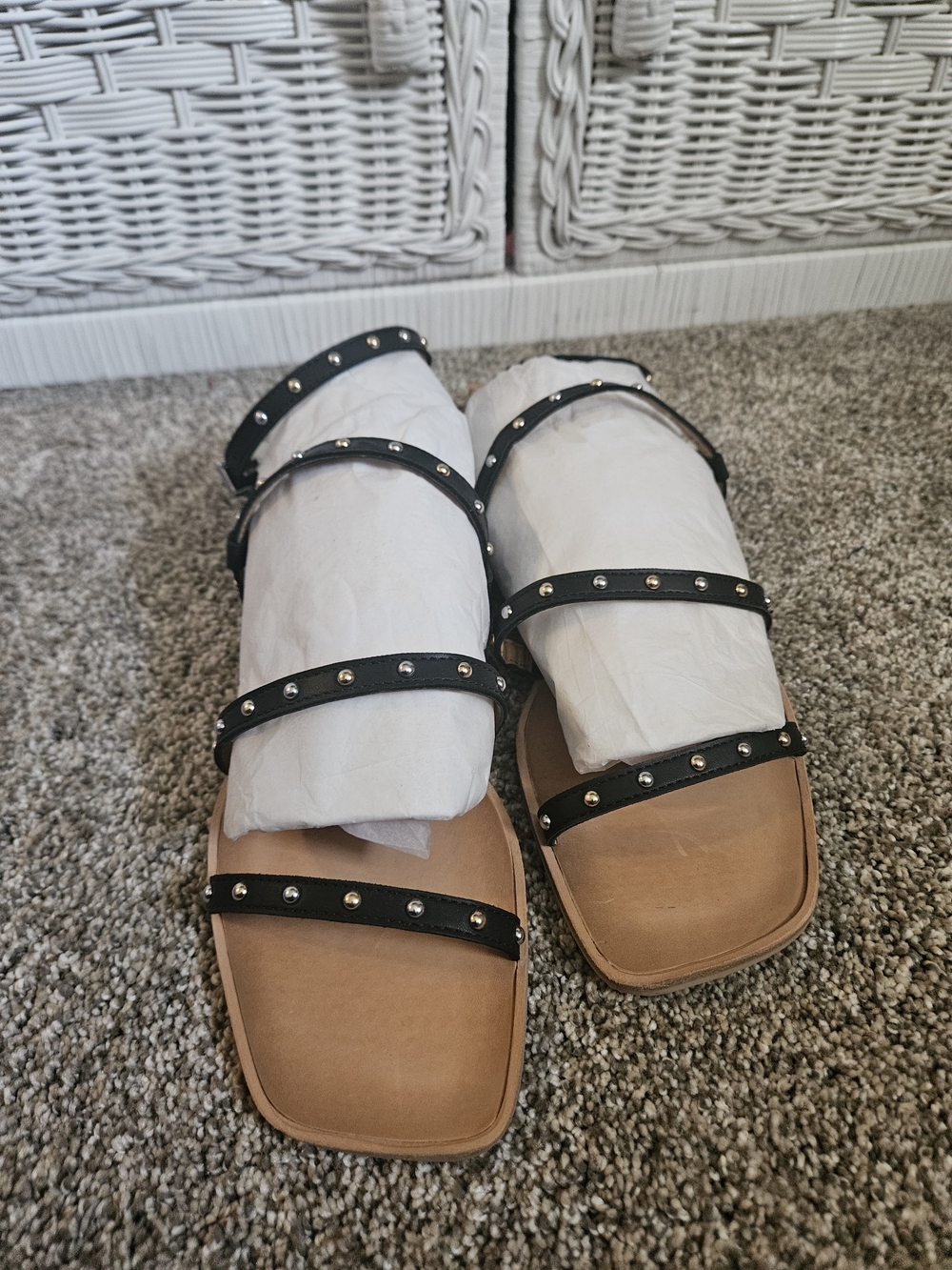 Studded Black Strap Slide Sandals - Women
